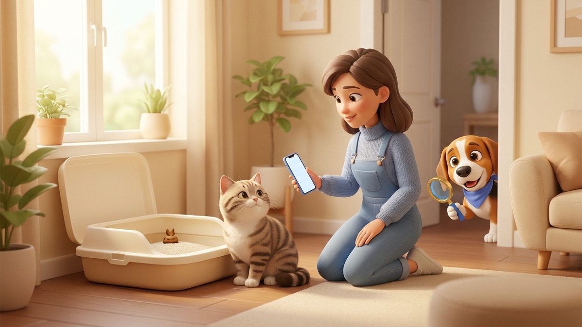 A calm tabby cat sitting beside a clean litter box while its owner kneels nearby holding a phone