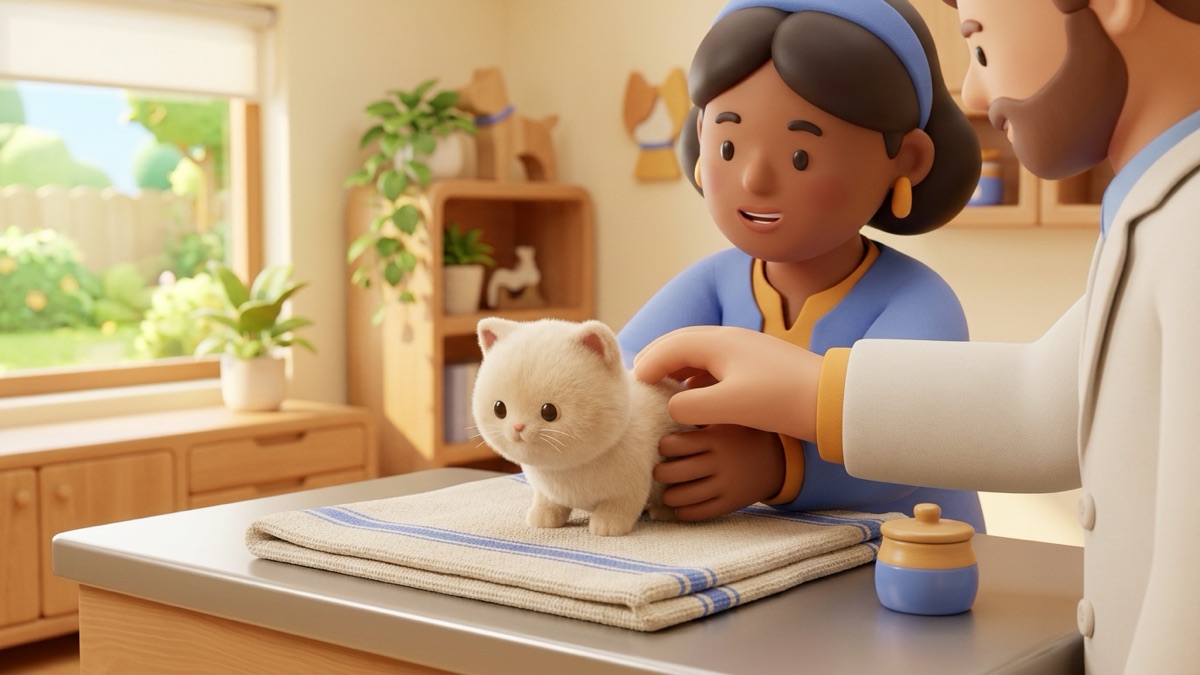 A small kitten being gently examined on a towel at a calm vet clinic, with the vet's hand resting beside a stool sample pot