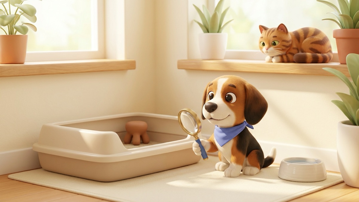 A calm tabby cat beside a clean, tidy litter box in a sunny corner, its owner crouched nearby with a phone, a fresh water bowl within reach