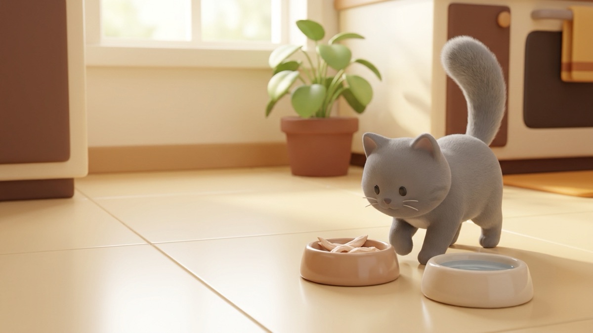 A small bowl of plain shredded chicken and a bowl of fresh water on a cozy kitchen floor, a gray cat approaching with interest