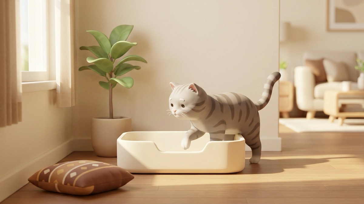A senior tabby cat stepping easily into a wide, low-sided litter tray in a quiet, sunny hallway corner