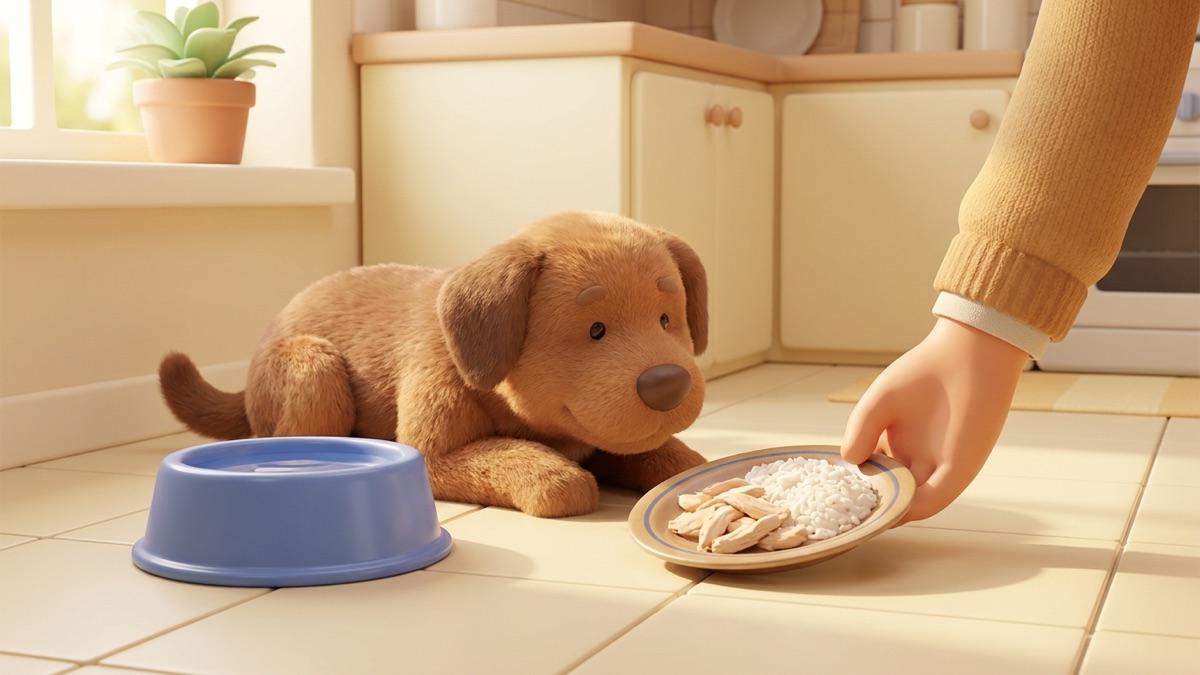 A relaxed brown dog lying on a cool kitchen floor next to a full water bowl, while its owner sets down a plate of plain chicken and white rice