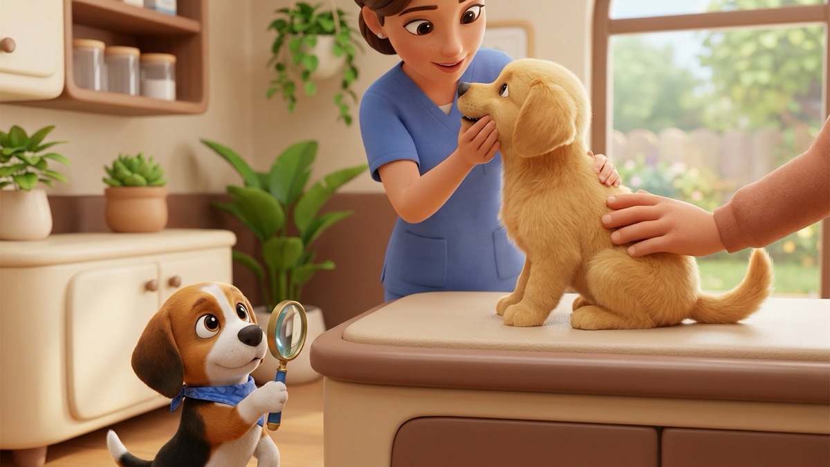 A small golden puppy sitting on a vet's exam table while a calm vet gently checks its gums, the owner's hand resting on the puppy's back