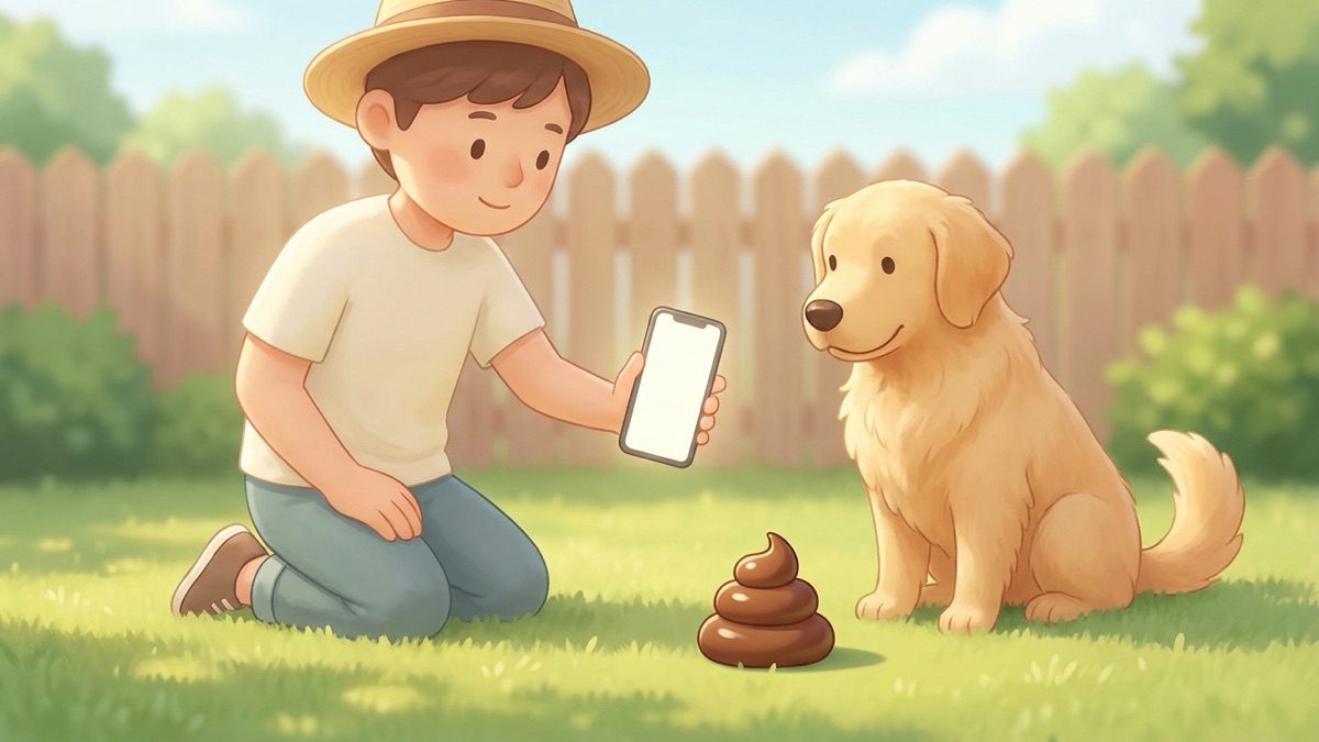 An owner kneeling on a sunny lawn taking a phone photo of a cartoon poop on the grass, next to a calm golden retriever