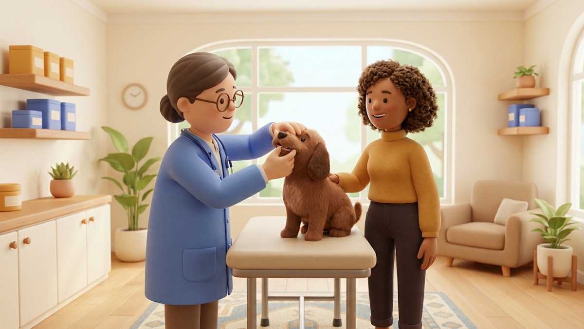 A calm vet in a bright clinic gently checking a small brown dog's gums while the owner watches