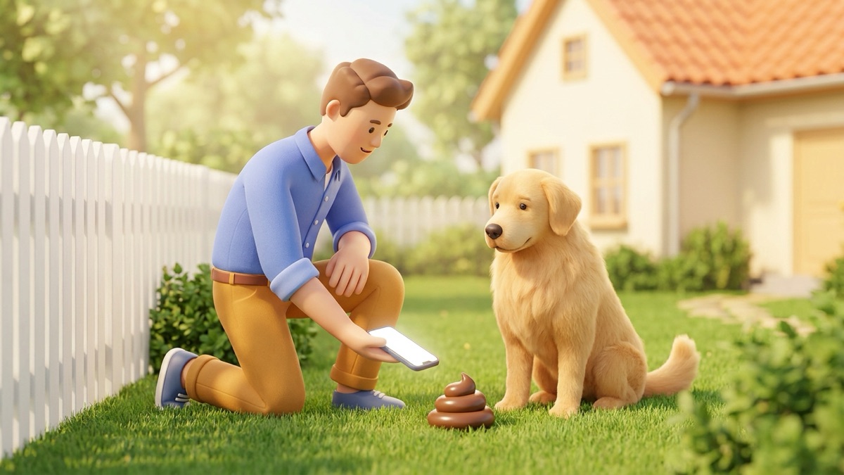 A woman kneeling in a sunny yard beside her calm golden retriever, taking a phone photo of a cartoon poop on the lawn