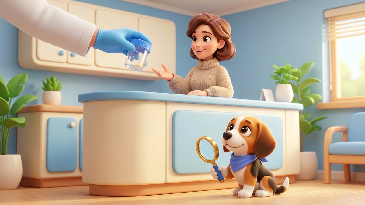 A vet in a calm clinic handing a small sealed sample pot back across the counter to a dog owner, with a relaxed beagle sitting beside them