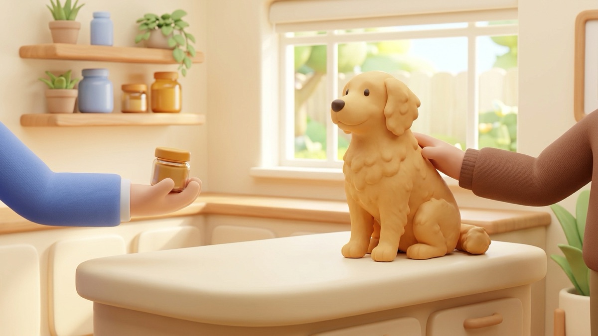 A vet in a calm clinic holding a small stool sample pot while a relaxed golden dog sits on the exam table beside its owner