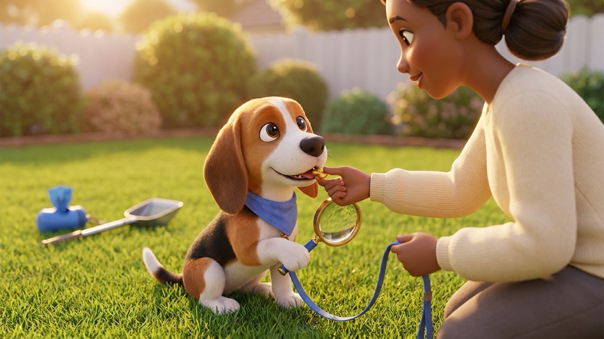An owner kneeling on a sunny lawn handing a small food reward to a happy beagle on a leash, a poop bag and scoop resting on the grass behind them