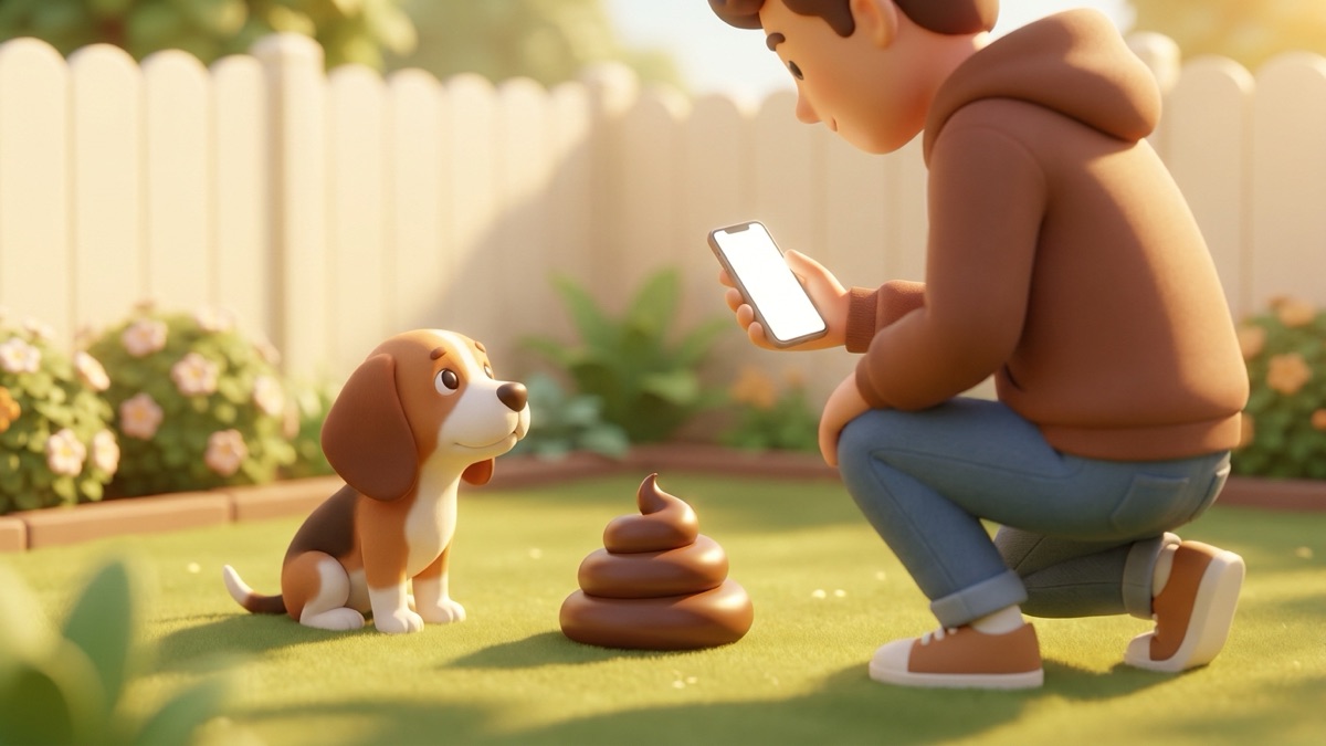 An owner crouching on a sunny lawn taking a phone photo of a cartoon poop, a calm beagle puppy sitting beside them