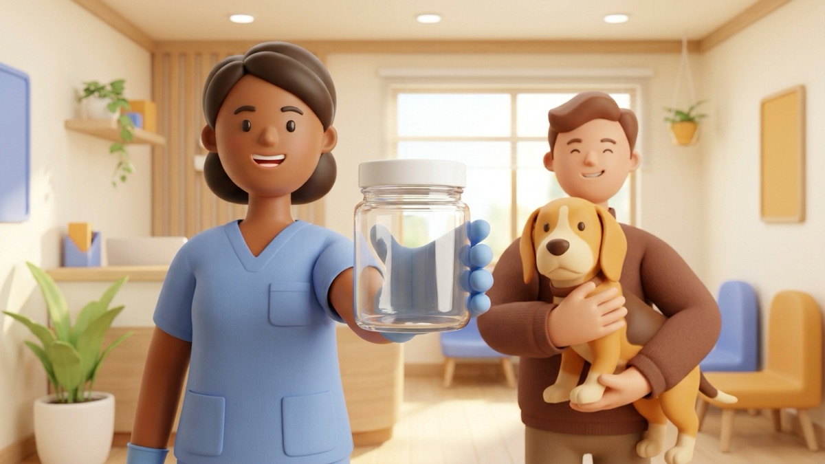 A vet tech in blue scrubs holding up an empty sample jar in a bright clinic while an owner holds a calm beagle